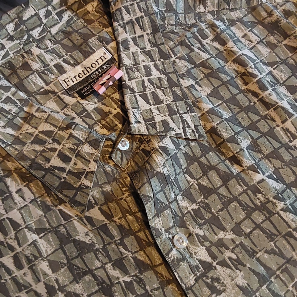 Men's Silk Firethorn XL Short Sleeve Green Geometric Washable Casual Dress Shirt - Picture 4 of 10